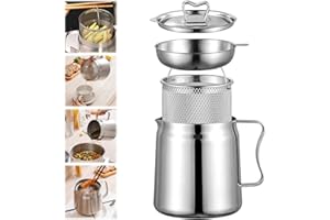 MUZUJA Stainless Steel Fryer, 53/70oz Large Capacity 2 in 1 Oil Strainer Pot, 304 Stainless Steel Fryer and Oil Filter with Strainer for Kitchen Storing Grease Frying Basket (1.5L/53oz)