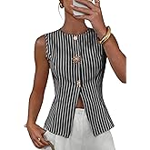BLENCOT Womens Striped Sleeveless Slim Fit Vest Tops Dressy Crewneck Metal Button Down Business Casual Outfits