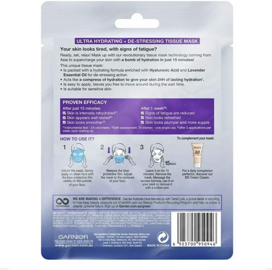 Garnier Moisture Bomb Lavender and Hyaluronic Acid Sheet Mask, Hydrating & Relaxing Face Mask - Image 3