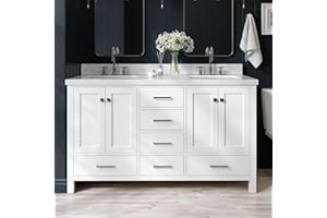 ARIEL 61" White Double Bathroom Vanity with Sink, 1.5" Edge Italian Carrara Marble Countertop & Backsplash, Rectangular Sinks, 4 Soft Closing Doors, 6 Full Extension Dovetail Drawers, Brushed Nickel