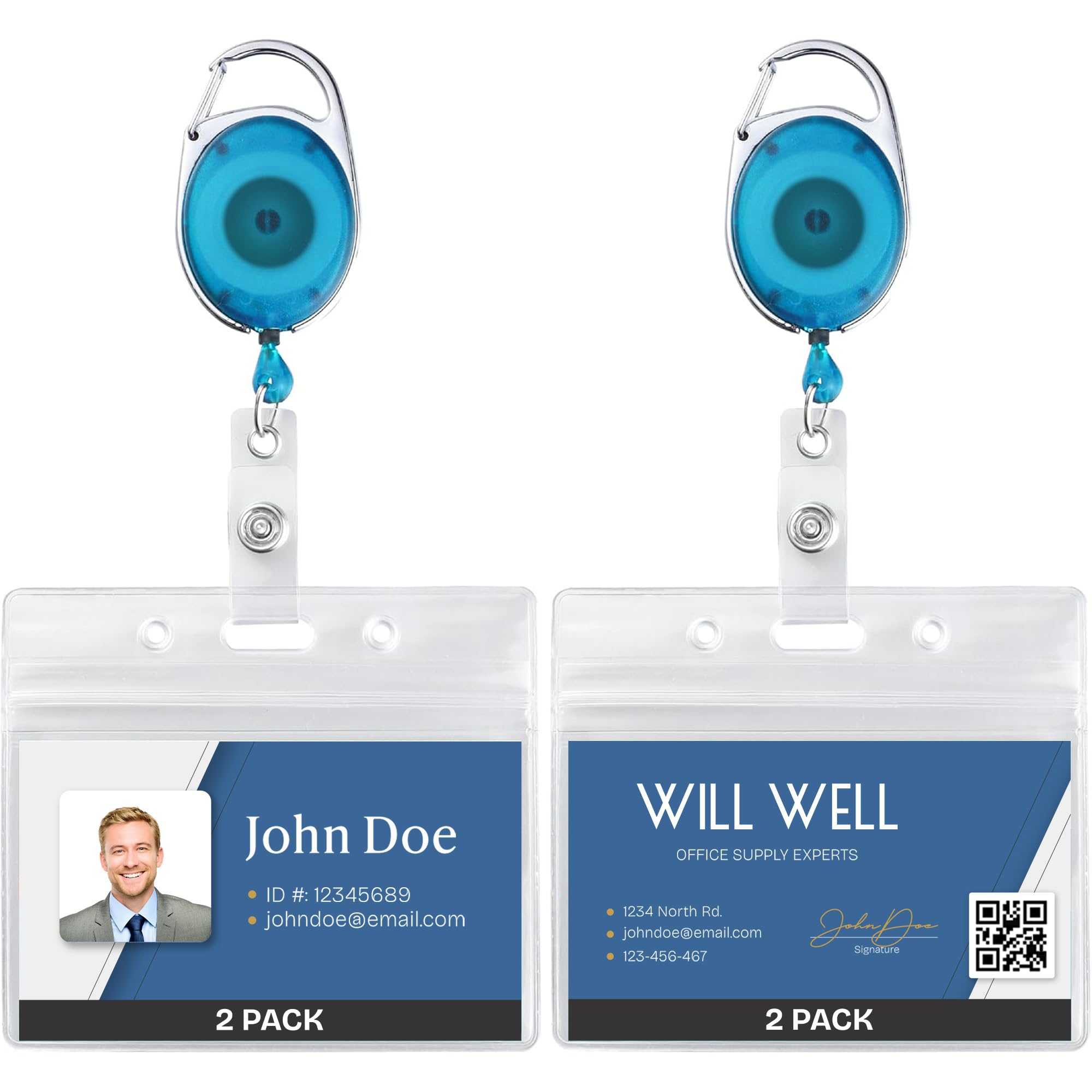 Photo 1 of 2 Pack Id Badge Holder with Clip, Transparent Light Blue Reels with Id Sleeves Set, Clear Id Card Holder Retractable, Horizontal Lanyard ID Holder with Badge Reel, Badge Holders with 24" Pull Cord