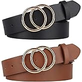 UnFader Pack 2 Women Belts for Jeans with Fashion Double O-Ring Buckle and Faux Leather