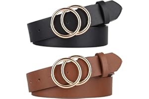 UnFader Pack 2 Women Belts for Jeans with Fashion Double O-Ring Buckle and Faux Leather