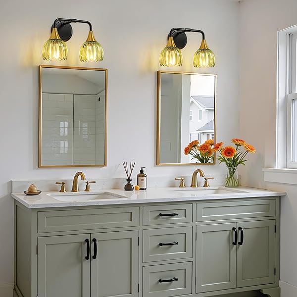 HAHZT BATHROOM VANITY LIGHT FIXTURES: 2-LIGHTS VINTAGE BATHROOM LIGHTS OVER MIRROR WITH RIBBED GREEN TULIP GLASS SHADE – 14 INCH BLACK AND GOLD WALL SCONCE BATH LIGHTING