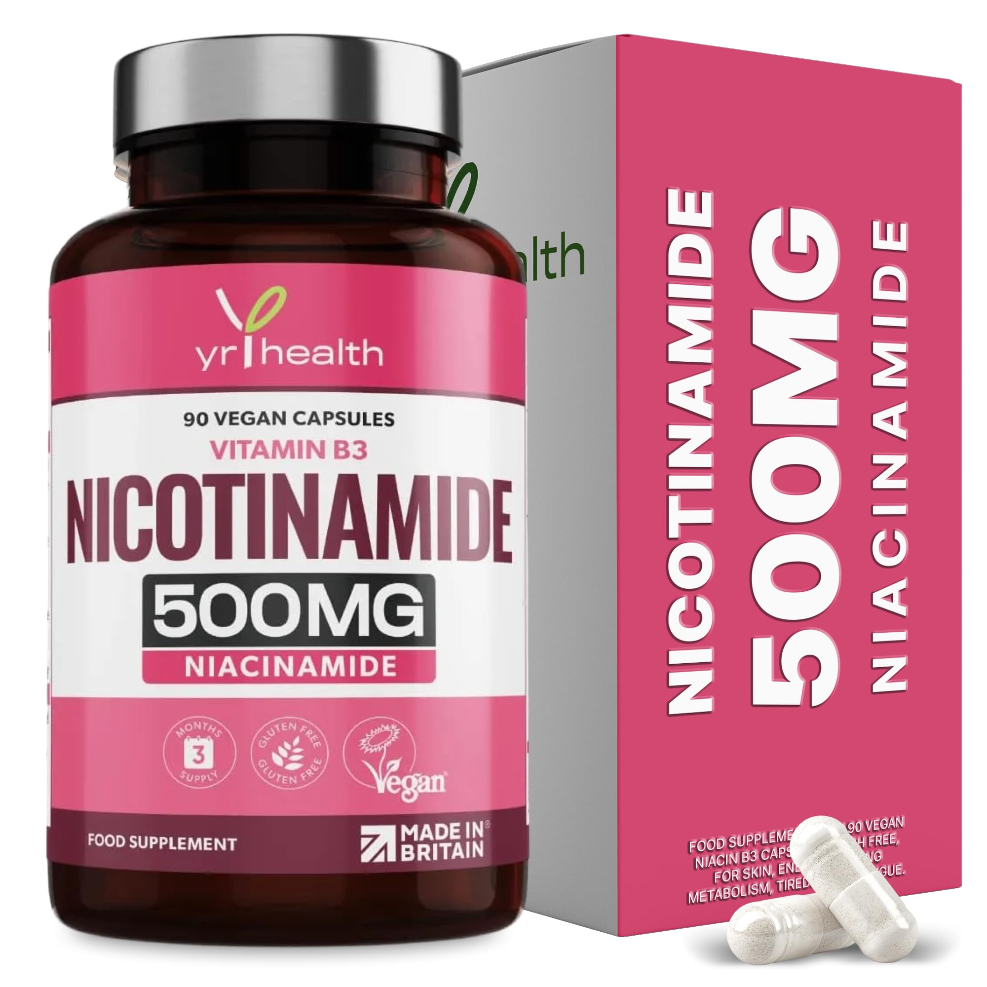 Vitamin B3 Nicotinamide, Niacinamide 500mg - 90 Vegan Niacin B3 Capsules Flush Free, for Skin, Energy Yielding Metabolism, Tiredness & Fatigue, One A Day, 3 Months Supply - Made in The UK By YrHealth