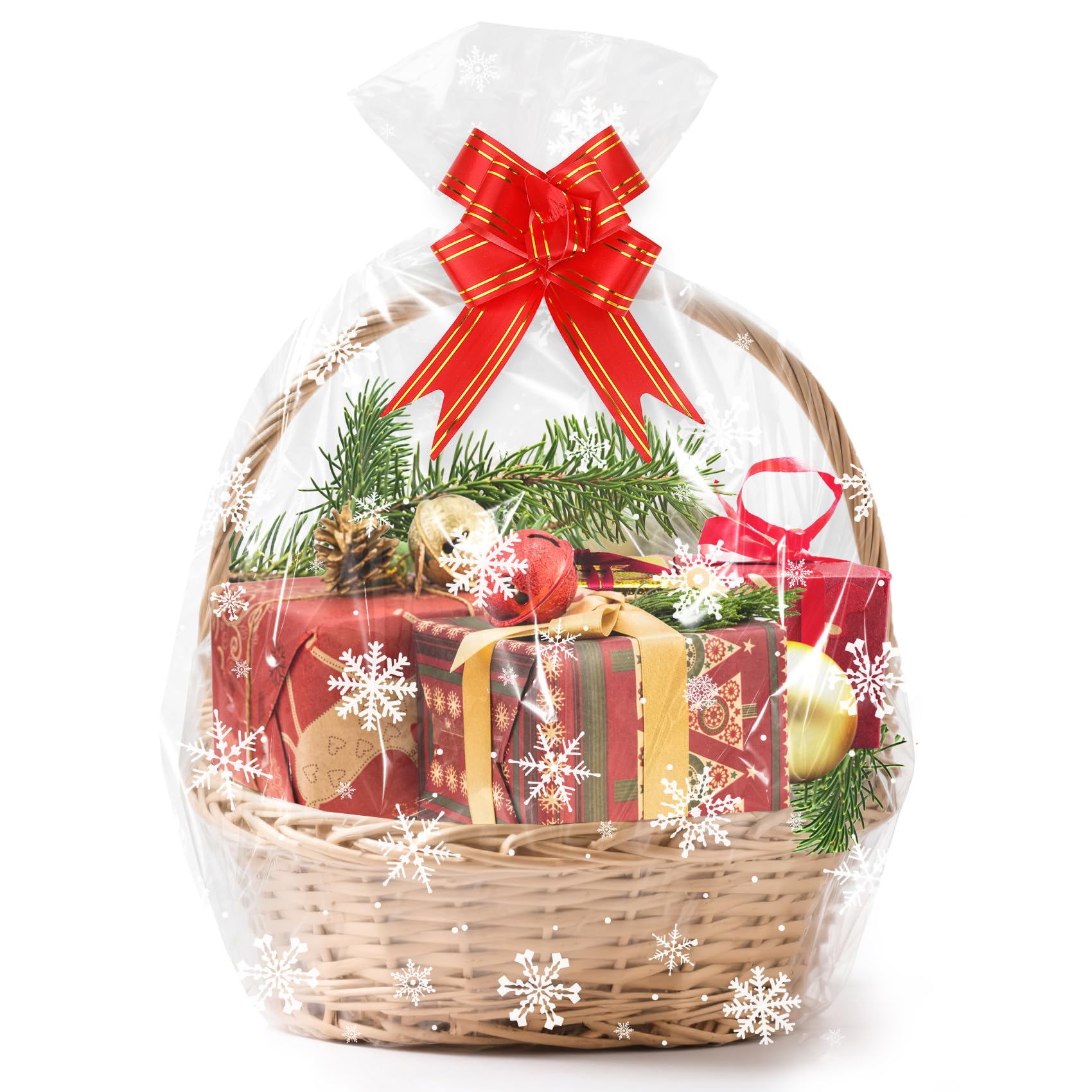 Photo 1 of 15 Sets Large Christmas Cellophane Bags(20x28 Inch) with Pull Bows Clear Snowflake Xmas Gift Goodie Basket Stocking Stuffers Wrap Holiday Christmas Birthday Party Decorations Favors Supplies Baggies