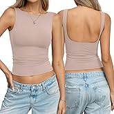 EasyGala Womens Double Lined Backless Crop Tank Tops Fitted Boat Neck Top Summer Sleeveless Going Out Cropped T Shirts