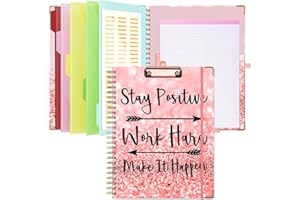 YUNOBLE Clipboard Folio with Notepad for Letter Size, Cute Spiral Clipboard Folder with Storage(12.8"x9.7"), 5-Tab Colorful Dividers with 10 Pockets, Pen Loop Series(Pink Stay Positive)