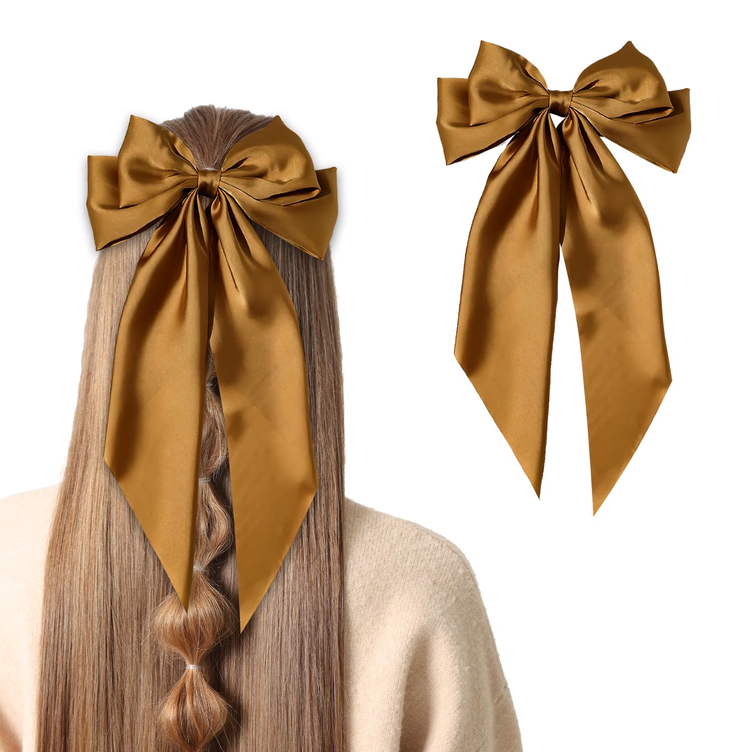 Hair Bow, Bow Hair Clip Hair Bows For Women Big Bowknot Hairpin With Long Ribbon Solid Color For Women Girls(Coffee)