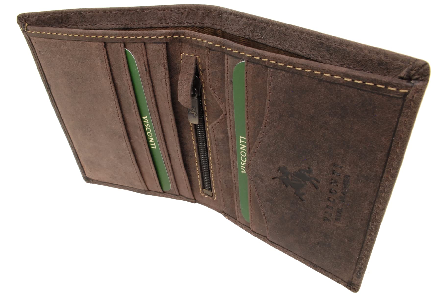 VISCONTI - Men's Small Bifold Leather Wallet - RFID Protected - 6 Credit Card Slots, Note Section & Coin Pocket - Gift Boxed - 705 Arrow - Oil Brown