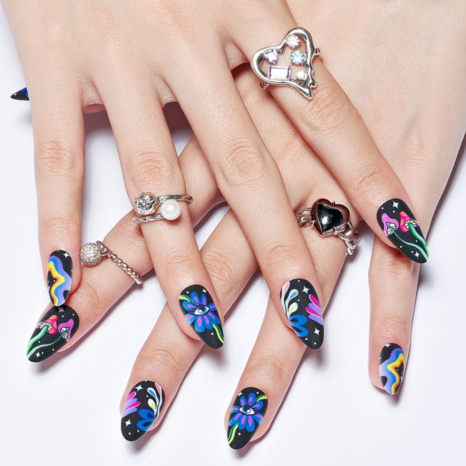 GLAMERMAID Press on Nails Medium Almond, Spring Summer Gothic Cute Cartoon Gel Glue on Nail, 24Pcs Matte Short Stiletto Reusable UV Finish Fake Nails Acrylic False Nails Manicure Kits for Women - Image 5