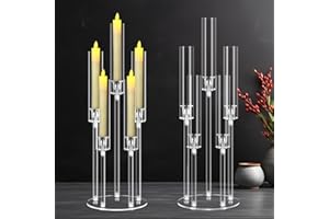 CHELOMENT 2 Sets 5 Arms Acrylic Candelabra Centerpieces for Tables,Clear Candle Holder for Halloween Christmas Wedding Party Decor,27" Tall Candlestick Holders with Lampshade, Fits LED Candle
