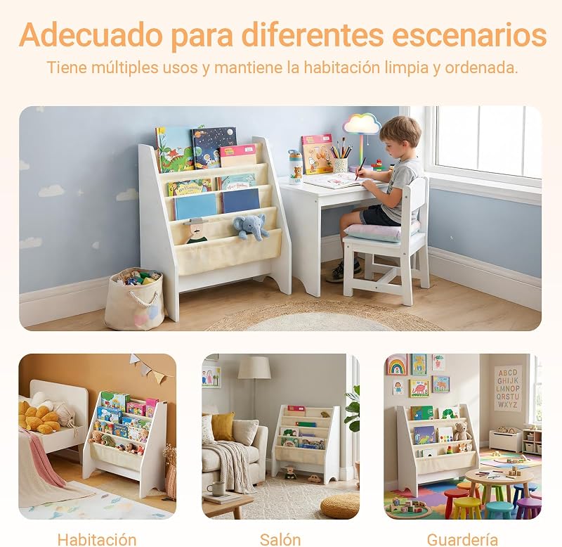 Librería Infantil 4 Bolsillos Tela Soporta hasta 25kg 62x30x71cm