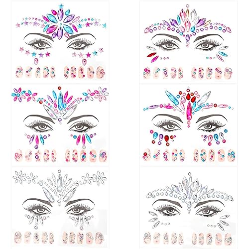 6 PCS Gems Face Stickers and Nail Art Stickers Set, For Music Festival Holiday Party, Rhinestone Face Decal for Halloween Christmas, Face Glitter Sticker Temporary Tattoo for Birthday Carnival