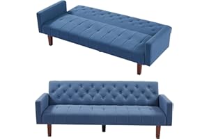 Setawix Linen Upholstered Futon Sofa Bed Modern Convertible Sleeper Sofa Couch for Living Room 74" Tufted 3 Seater Sofa Futons for Bedroom,Guest,Office,Dorm and Small Spaces (Grey Blue)