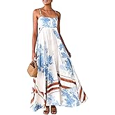 Women Boho Floral Maxi Dress Spaghetti Strap Smocked Back Flowy Dress Sleeveless Aline Long Sundress