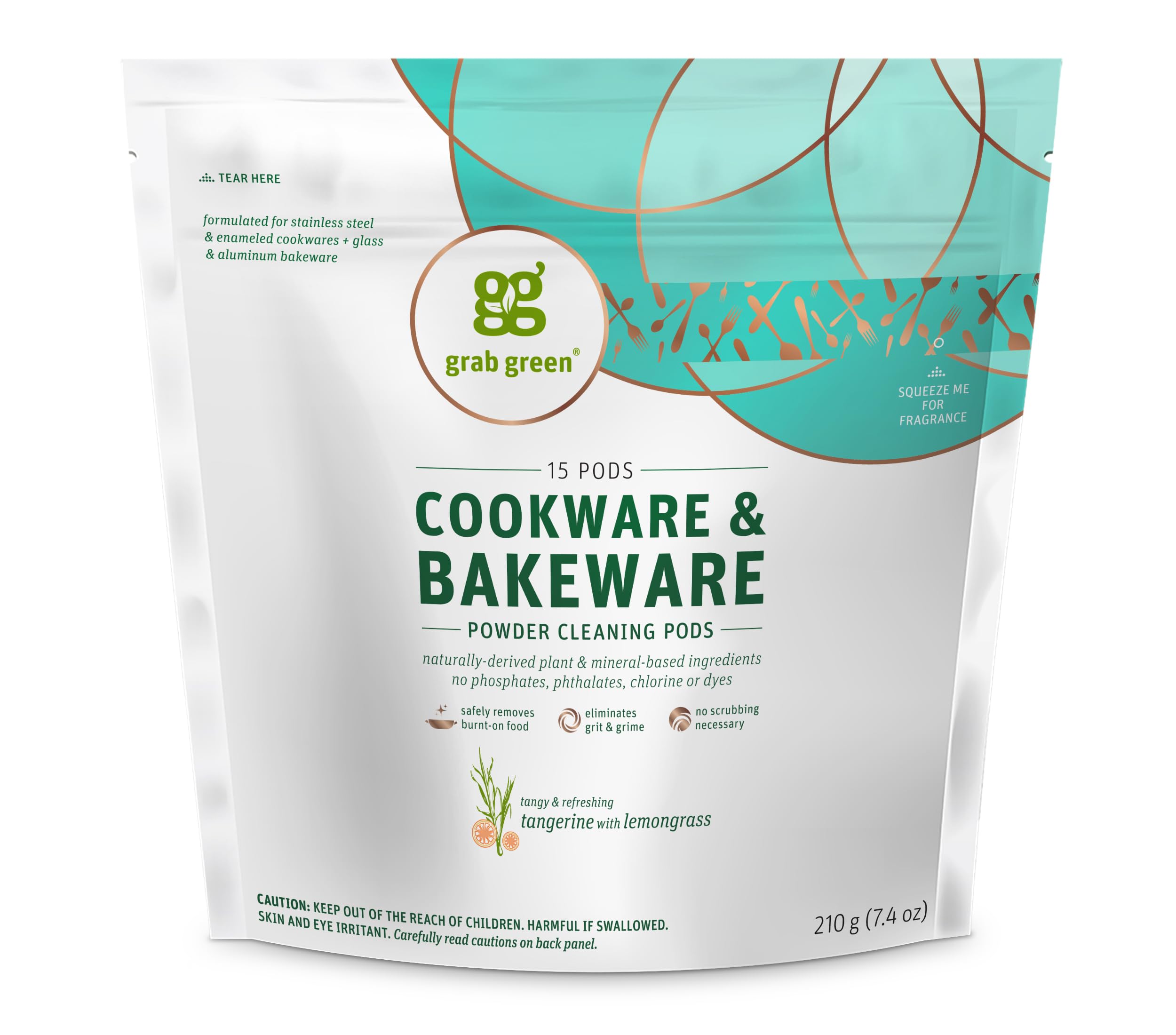 Grab Green Cookware and Bakeware Cleaner Pods, 60 Pods, Tangerine Lemongrass Scent, Plant and Mineral Based, Removes Burnt-On Food, Eliminates Stains