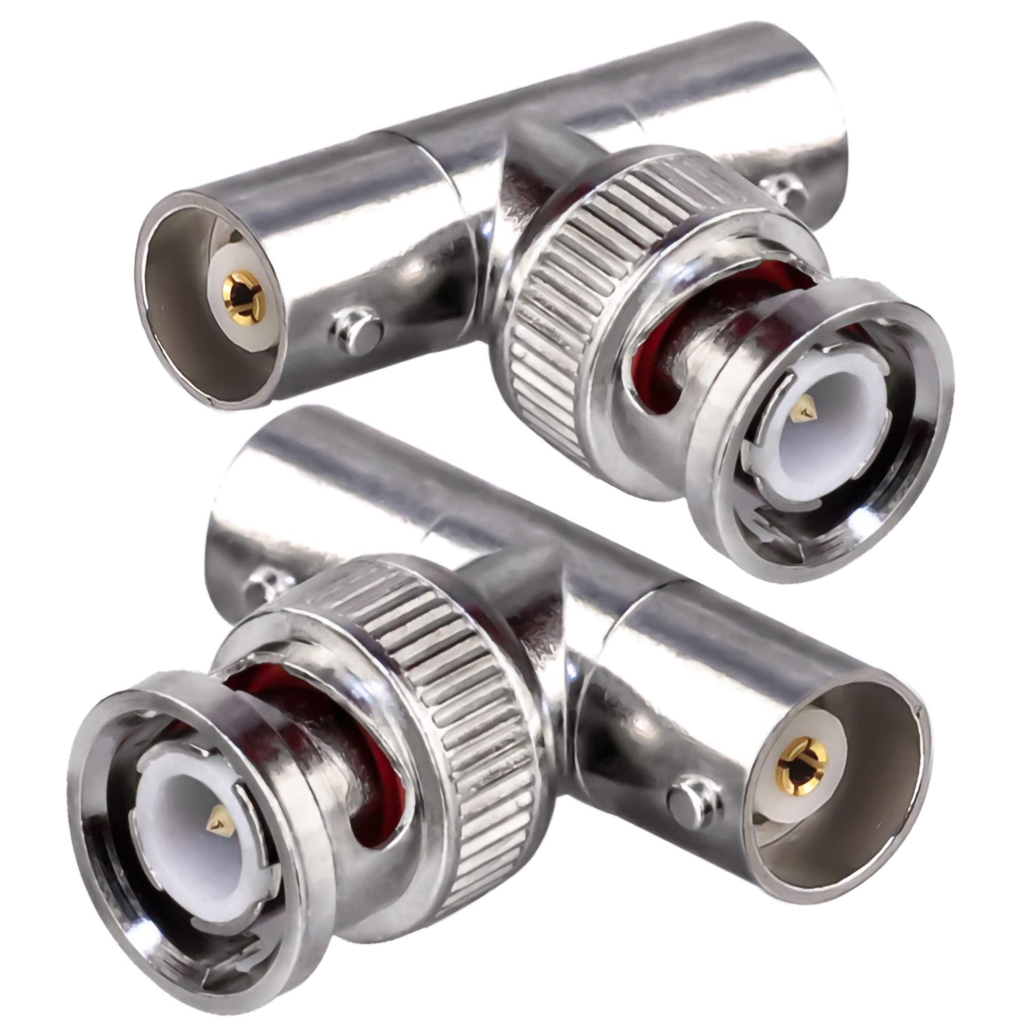 BNC Triple Tee Connector - Male to Dual Female T Shape RF Coaxial Adapter for Coaxial Cable Security CCTV DVR Camera - 3 Way Splitter Combiner 2 Pack