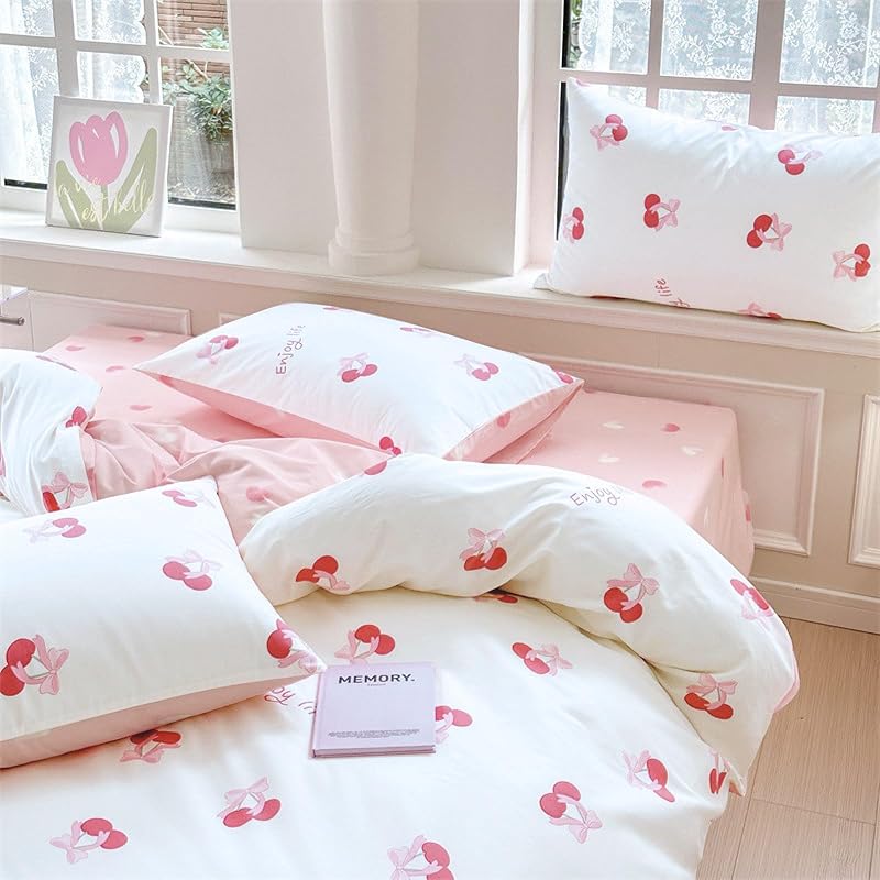 Housse de Couette 140x200 Coeurs Cerises Blanc Rose Parure de lit — photo 5 sur 7