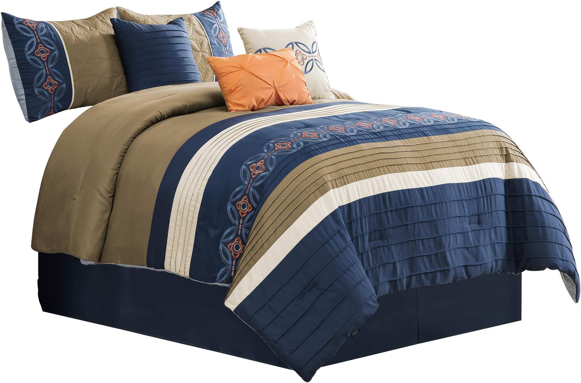 Green Living Group 7-Piece Taupe Navy Khaki Medallion Floral Embroidery Stripe Pleated Comforter Set, Queen
