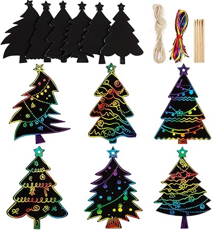 Amazon 60個セット クリスマスツリースクラッチペーパータグ マジックレインボークラフト スクラッチペーパーオーナメント クリスマスホリデーホームデコレーション 季節用品 おもちゃ