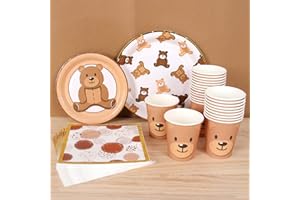 Brown Teddy Bear Baby Shower Plates - Paper Plates, Disposable Cups, Napkins with Firework Pattern in Golden Border for 24 Te