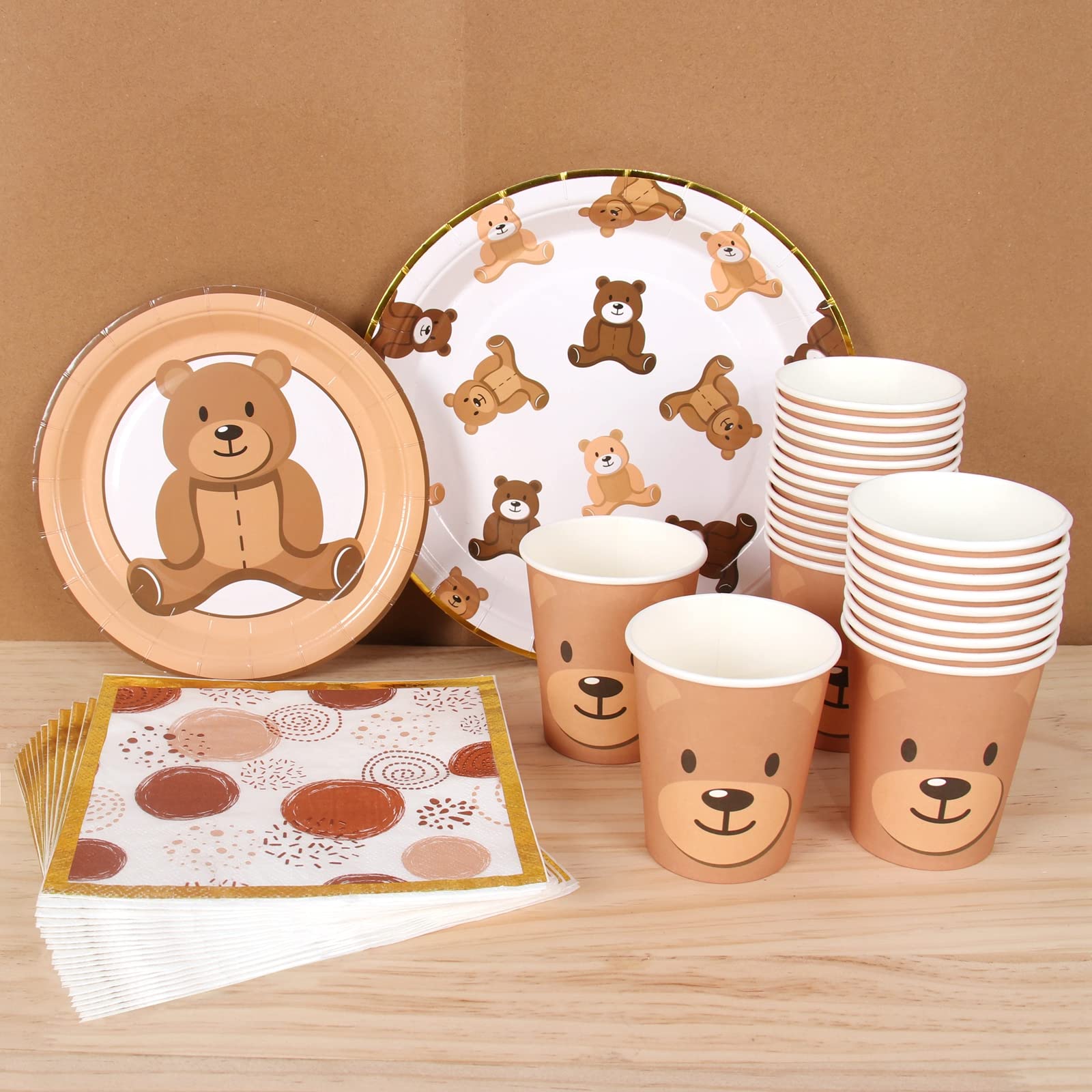 Photo 1 of Brown Teddy Bear Baby Shower Plates - Paper Plates, Disposable Cups, Napkins with Firework Pattern in Golden Border for 24 Teddy Bear Theme Party Supplies, Baby Shower, Wedding, Birthday Party