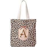 MOLYUB Coquette Leopard Print Letter A Tote Bag for Women,Trendy Cheetah Print Canvas Tote Bag for Girls,Red Bow Letter A Leopard Aesthetic Reusable Shopping Grocery Bags Party Favors
