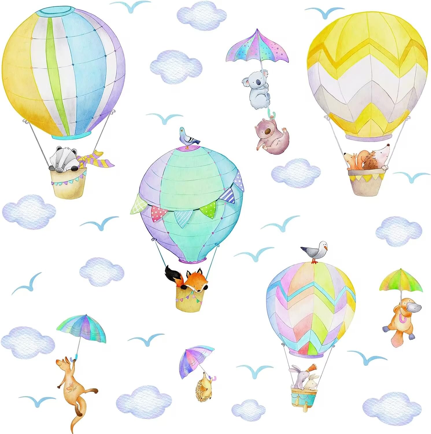 MOSITU Hot Air Balloon Wall Stickers 40 Pcs Large Animal Balloons Decals Watercolour Fabric Clouds for Nursery Kids Room Bedroom Playroom Decor — image 1