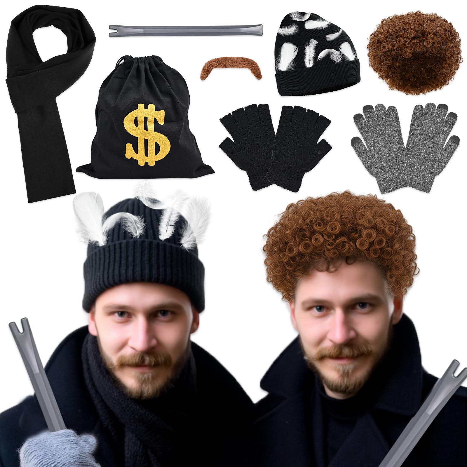 View 1 of 10 Pcs Christmas Costume Funny Movie Costume, 2 Set Thief Accessories Include Knitted hat Scarf Afro Wig Mustache Gloves White Feathers dollar sign money bag Crowbar Toy for Halloween Cosplay Party