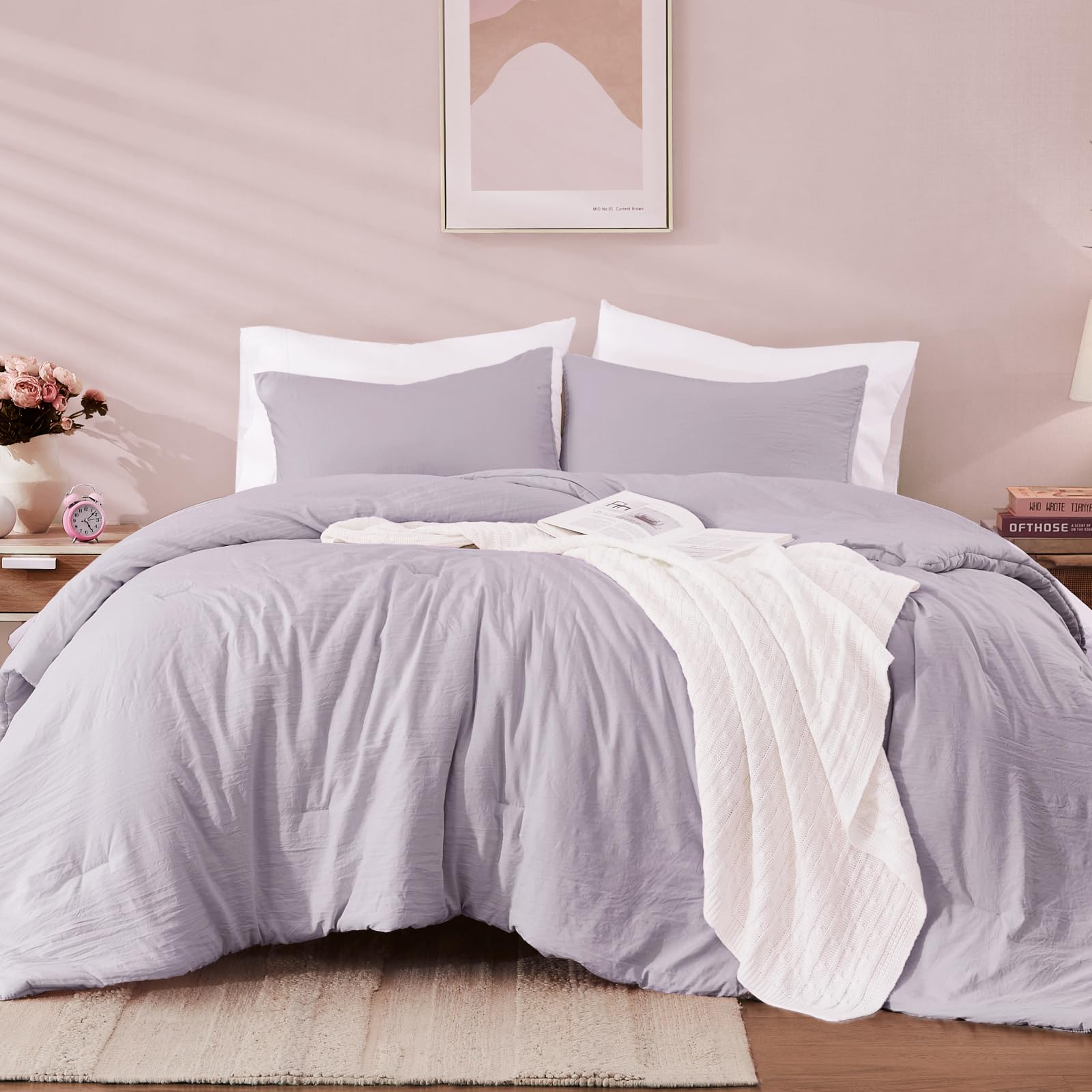 WRENSONGE Full Size Comforter Sets - 3 Pieces Lilac Comforter Prewashed Soft Lightweight for All Seasons, Fluffy Down Alternative Comforter Full Size with 2 Pillow Shams Image