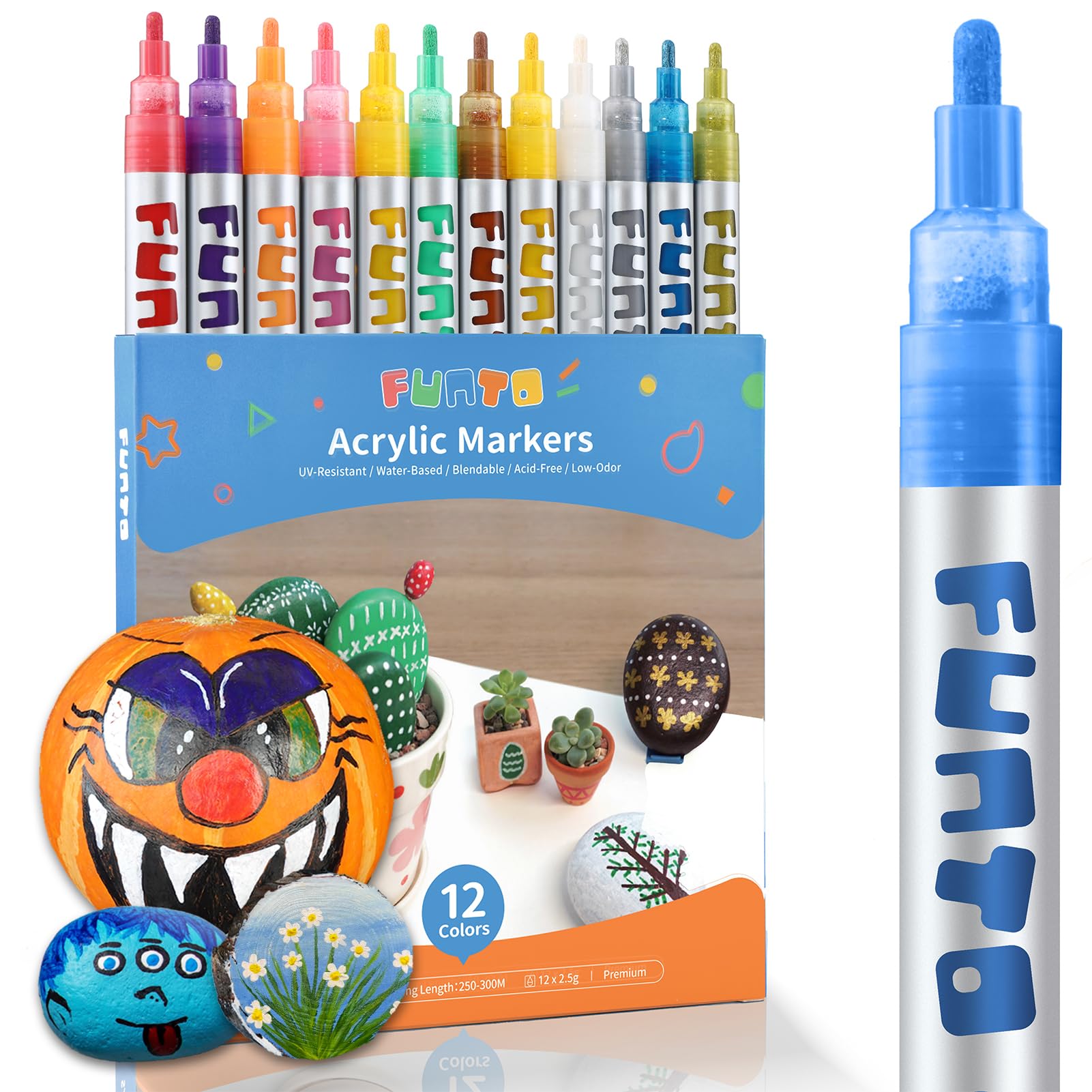 Funto Acrylic Paint Pens for Rock Painting, Fabric, Wood, Canvas, Metal, Ceramic, Glass, 12 Colors Paint Marker Set, Non-Toxic, Quick Drying