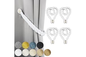 Porlau 4 Pack White Magnetic Soft Curtain Tiebacks Cotton Hand-Woven Tieback Holdback Home Decorative Tie Backs with Wooden Buckle for Home Office Decor
