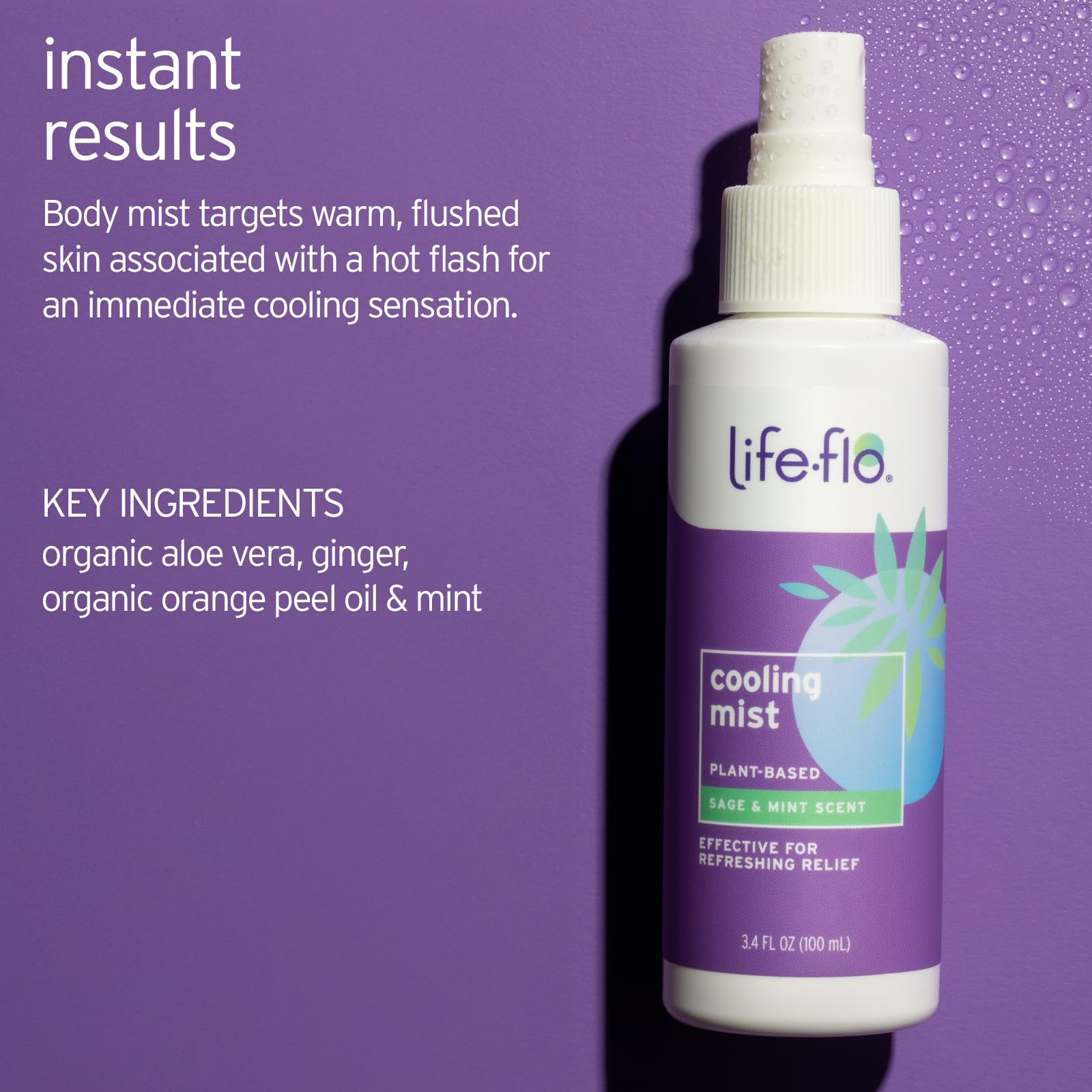 LIFE-FLO Cooling Mist, Refreshing Body Mist for Women, Instantly Cools Hot Flashes with Ginger, Organic Aloe Vera and Lavender, Fresh Sage Mint Scent, 60-Day Guarantee, Not Tested on Animals, 3.4oz