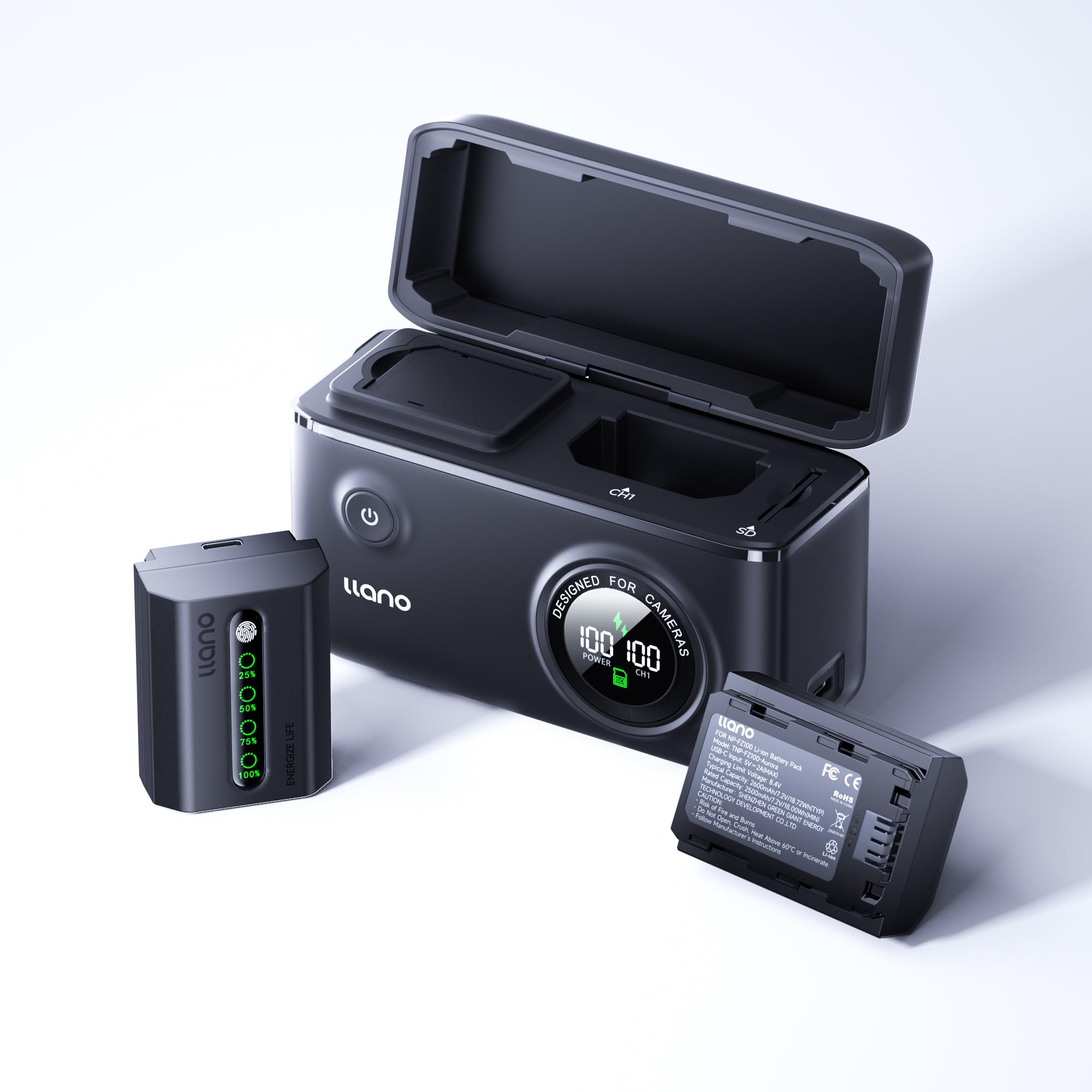 Photo 1 of llano 4-in-1 NP-FZ100 Charger Kit with 2600mAh Aurora Batteries–10400mAh, 20W USB-C Fast Charging, USB 3.0 Card Reader & Storage Case – for Sony A7III A7IV A7RV A7RIII A6700 FX3 FX30 A9 A1