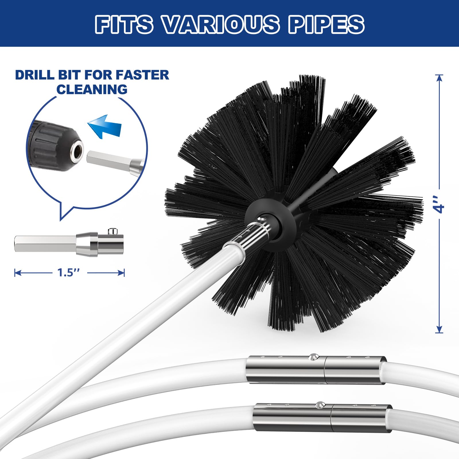 32 Feet Dryer Vent Cleaner Kit, Enhanced Flexible Quick Snap Brush with Drill Attachment for Effective Cleaning, 360 Degree Rotation Without Loosening, Use with or Without a Power Drill
