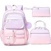 Fimibuke Backpack for Girls, 3 PCS Waterproof Kids Backpack with Lunch Box & Pencil Case, Gradient Backpacks for Teen Girl Kindergarten Elementary Middle High School Student Back to School Bookbag Set