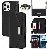 Jaorty Crossbody Wallet for iPhone 16 Pro Max Case with Strap, Credit Card Holder,Adjustable Shouler Lanyard, 6.9",PU Leather Handbag Purse Kickstand Make Up Mirror Cover Case for Women Girl,Black