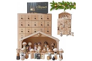The Rescuer –Nativity Advent Calendar, 25 Drawer Wooden Advent Box with 30 Handpainted Figurine, 13 * 14 Inch Nativity Scene 