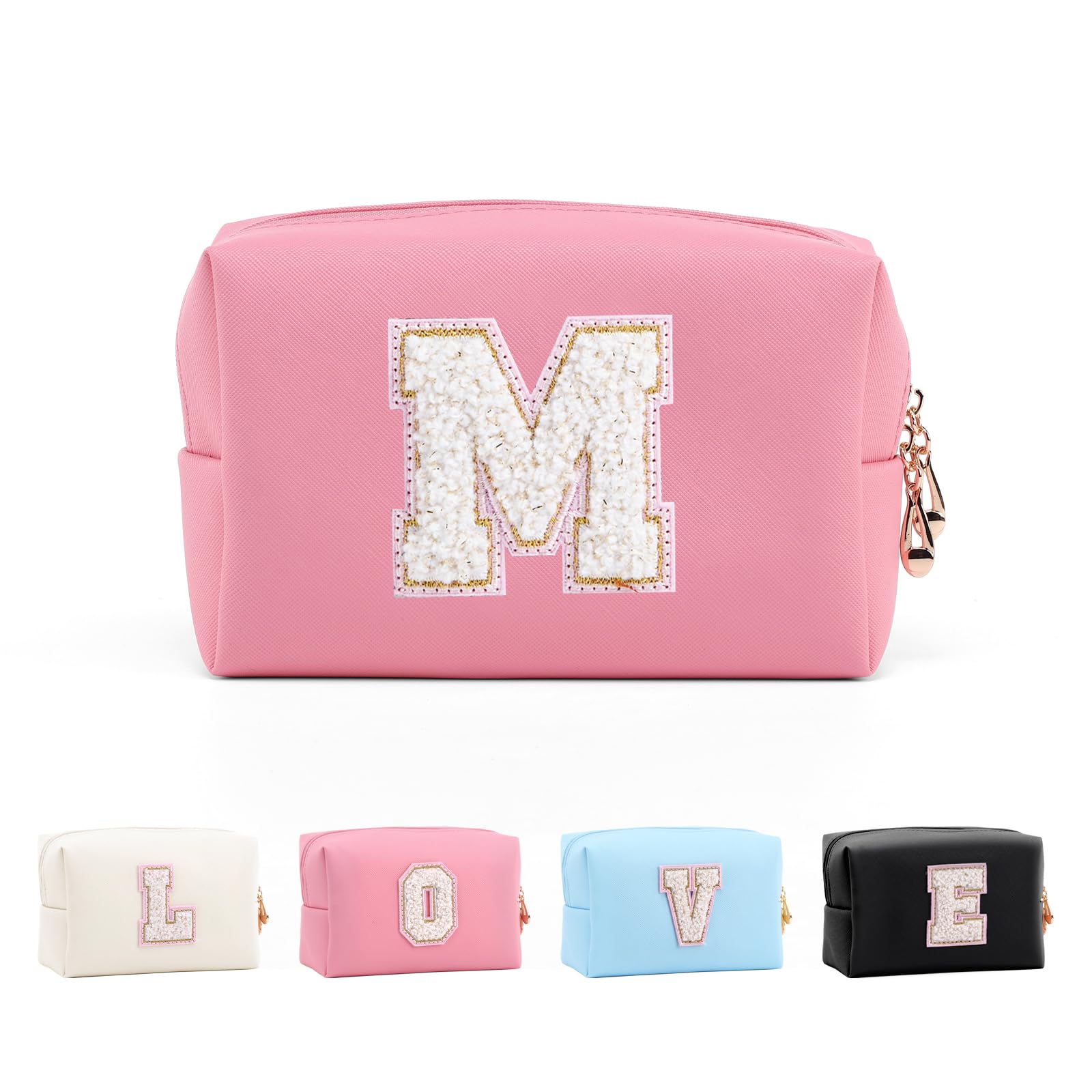 Anntry Small Personalized Initial Letter Makeup Bag, Cute Waterproof PU Leather Chenille Letter Cosmetic Bag Travel Makeup Bag, Preppy Makeup Pouch Toiletry Zipper Pouch Organizer for Women and Girls
