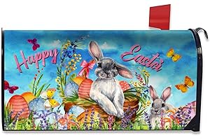 HAROONI Spring Happy Easter Mailbox Cover - Bunny and Eggs Standard Size Magnetic Mail Cover - 21" L x 18" W