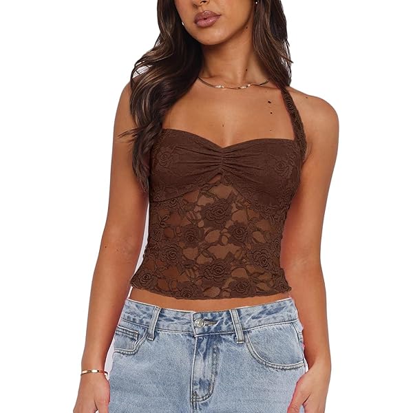 Women Y2k Lace Halter Neck Crop Tops Sexy See Through Going Out