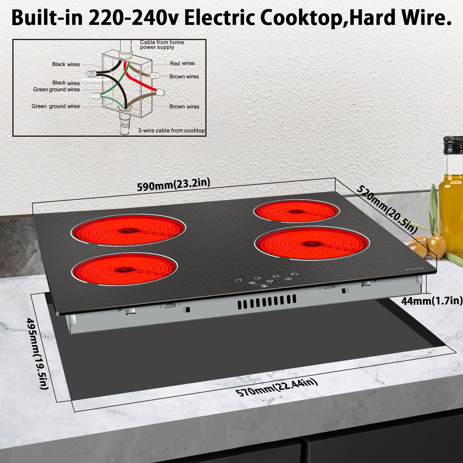Noxton 24 Inch Electric Cooktop 4 Burners Electric Stove, Built-in Ceramic Cooktop with Touch Control Child Lock Timer Easy To Clean with Hard Wire 6000W 240V