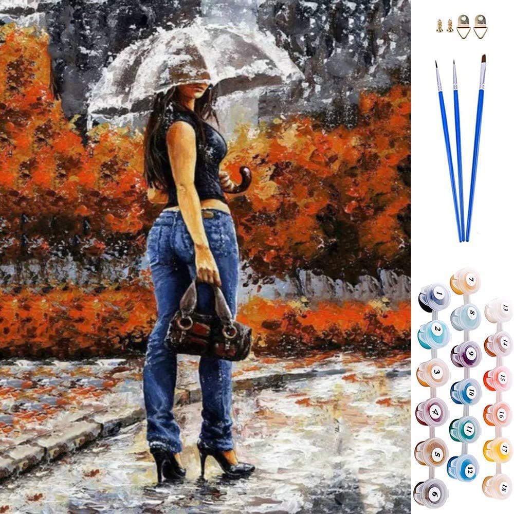 ABEUTY DIY Paint by Numbers for Adults Children, Girl with Umbrella Rain 16x20 inches Number Painting Art Therapy