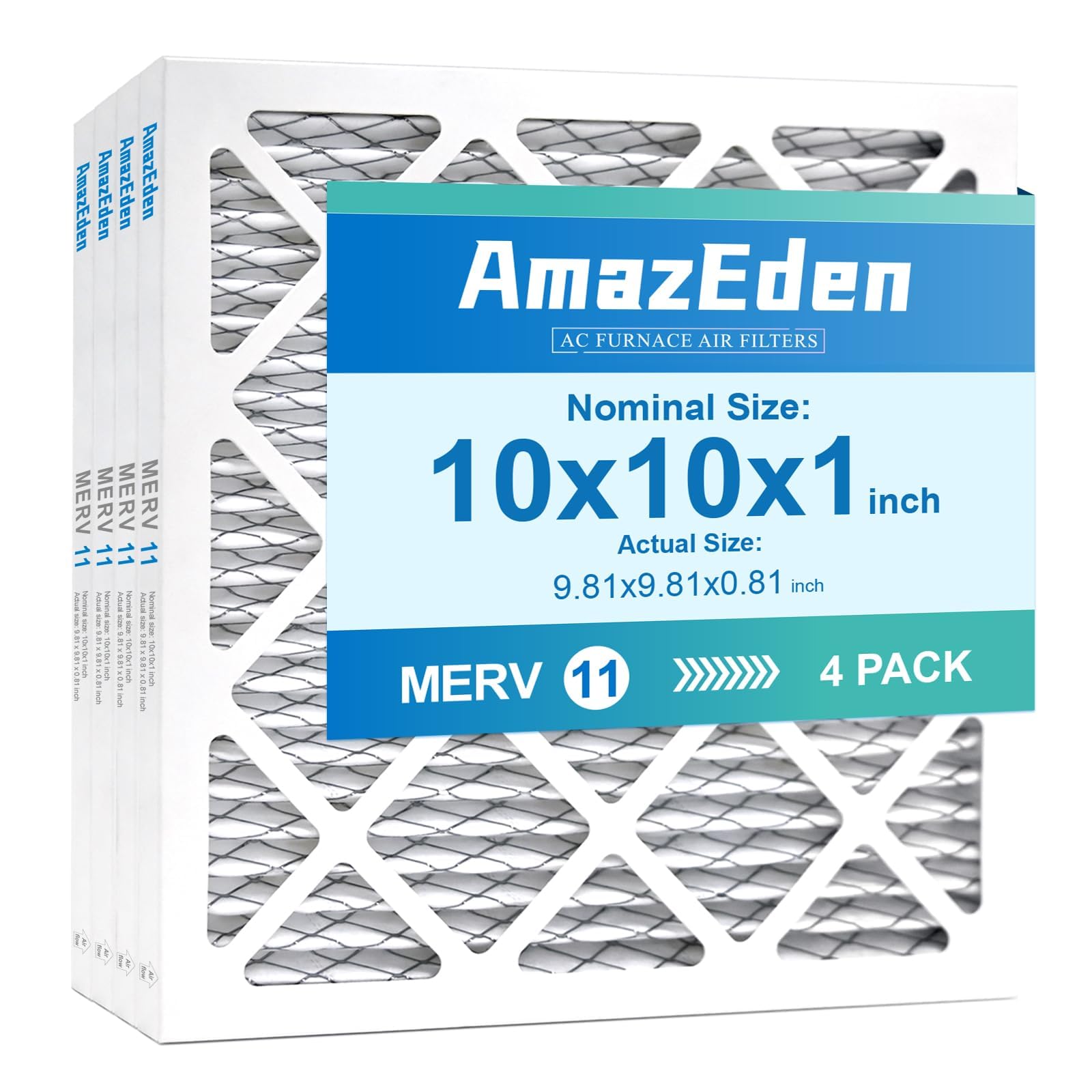 Photo 1 of AmazEden 10x10x1 Air Filter MERV 11 (4-Pack) MPR 1000 FPR 7 AC HVAC Furnace Pleated Filters Dust Defense Replacement for Home (Exact Dimensions: 9.81x9.81x0.81 Inches)