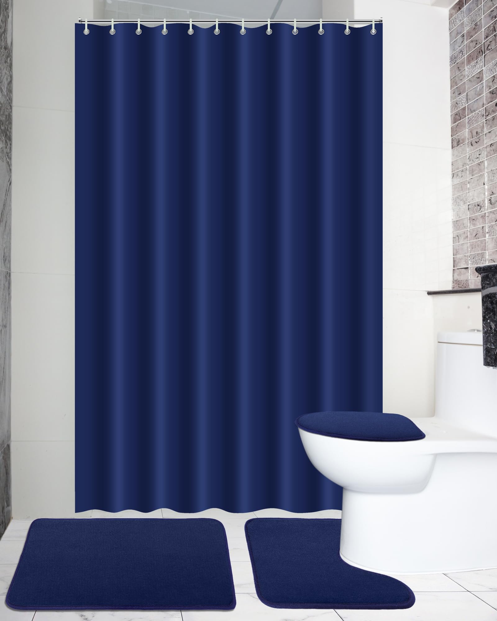 Photo 1 of Hosuly 4 Pcs Bathroom Shower Curtain Set with Non Slip Rugs, Toilet Lid Cover and Bath Mat, Waterproof Bathroom Curtains with 12 Hooks Shower Set for Solid Color Bathroom Decor (Blue)