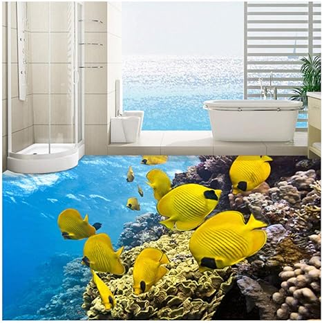 Amazon Xbwy 3d壁の壁画注文の床の壁紙の地中海の黄色い魚の写真の大きい壁画の浴室pvc 150x1cm 壁紙