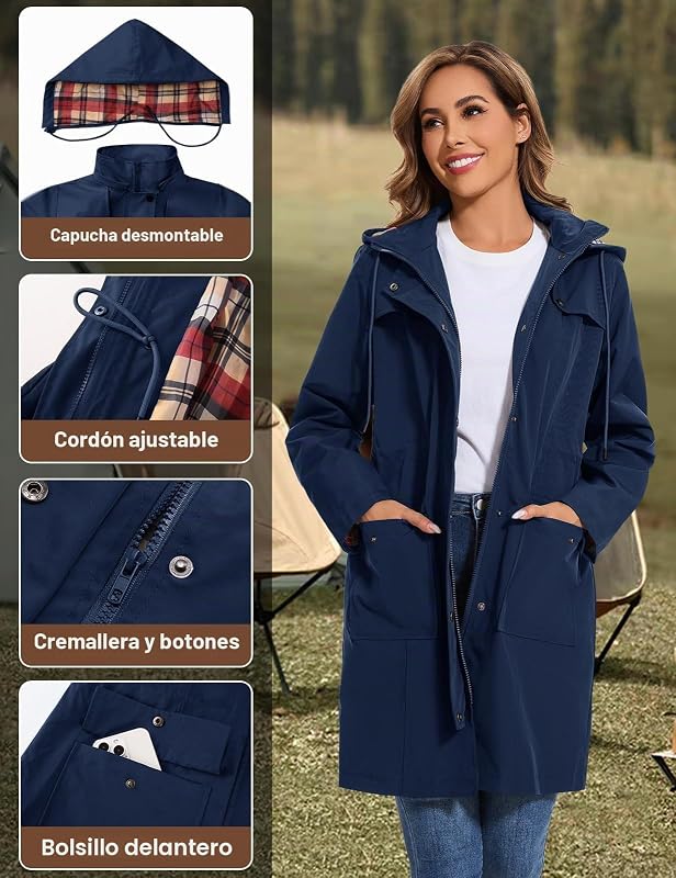 Chaqueta Chubasquero Mujer Parka Impermeable Largo Abrigo Ligero Gabardina Mujer Impermeable con Capucha y Bolsillo, Azul marino, M — foto 4 de 7