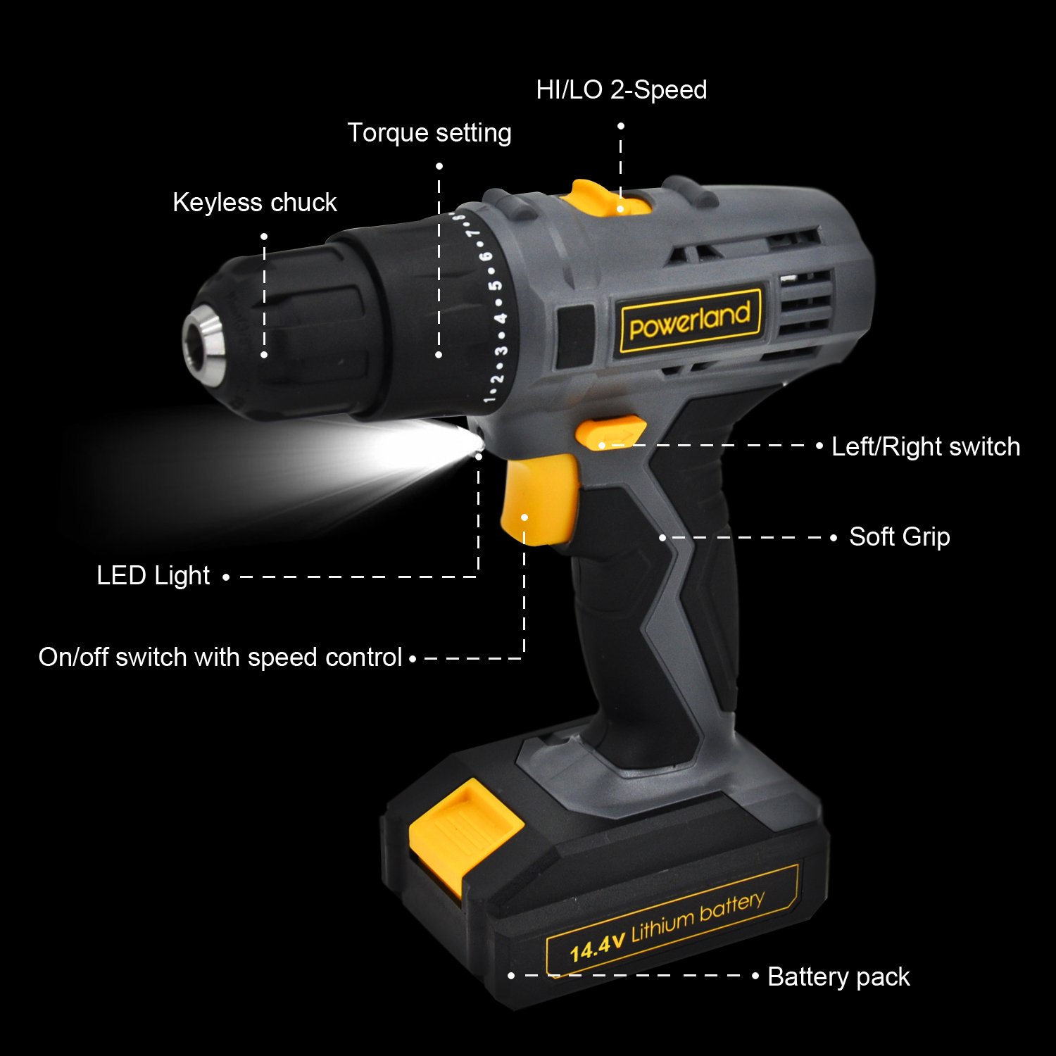 Powerland Perforateur sans fil adaptateur pour forets 14.4v 2 vitesses+ lithium batteries + 13 accessoires+ professionnels Chargeur