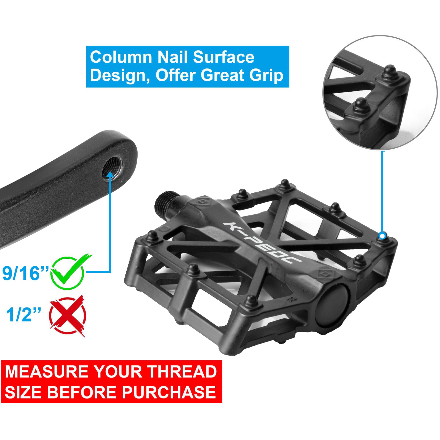 Bike Pedals 9/16 for MTB, Mountain Road Bicycle Flat Pedal, with 16 Anti-Skid Pins -Universal Lightweight Aluminum Alloy Platform Pedal for Travel Cycle-Cross Bikes etc
